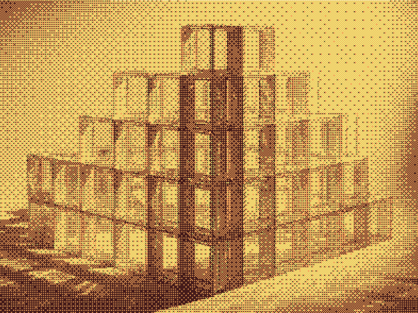 Stacked glass blocks forming a tall modular structure.