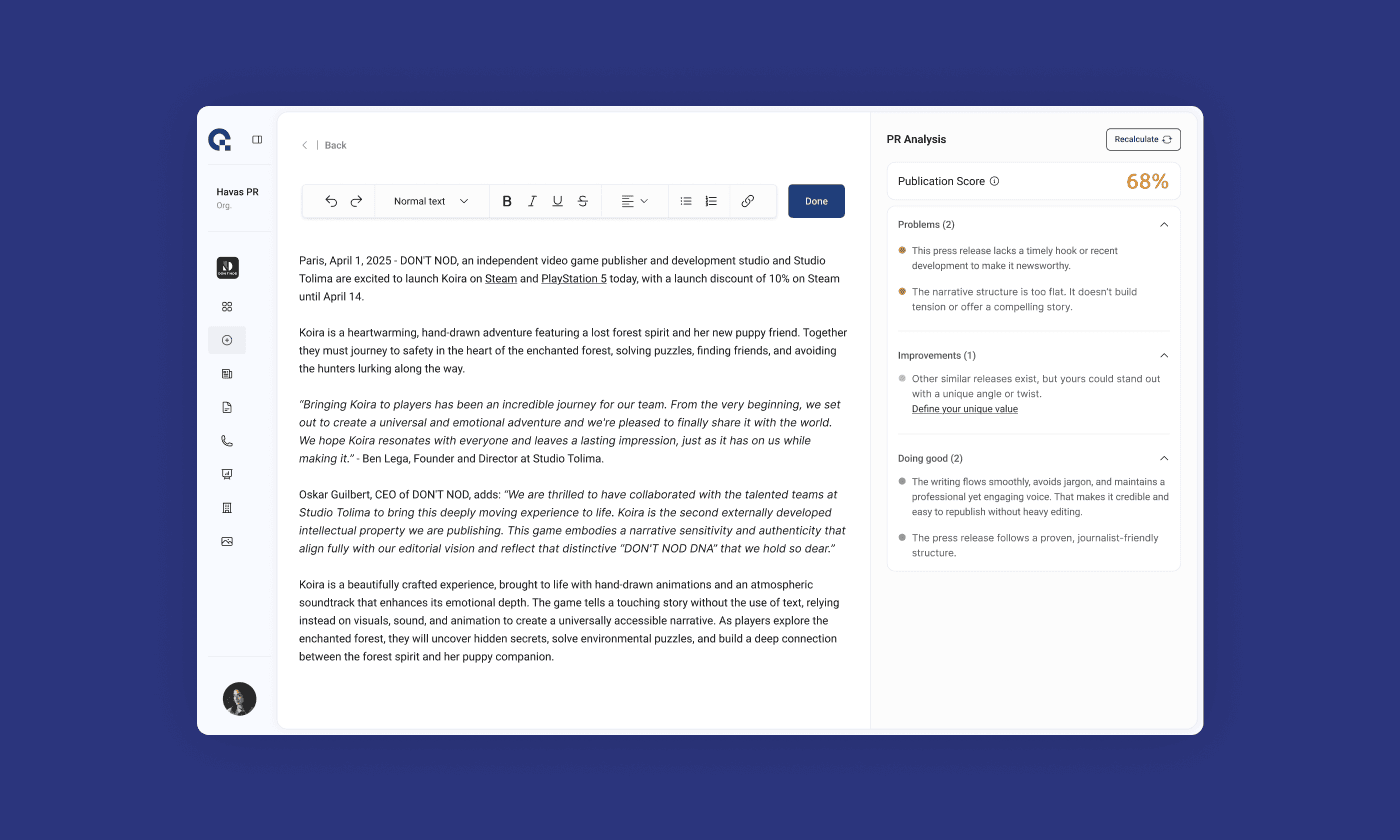 Every PR tool in one platform – powered by a self-updating journalist database 1